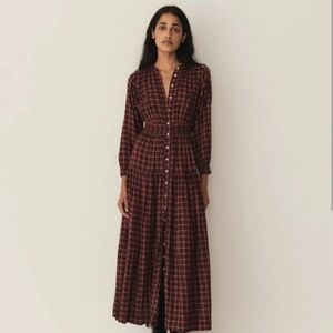 Doen Burgundy Plaid Maxi Dress sz XS